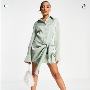 Aria Cove sage green silk shirt dress with tie waist NWT